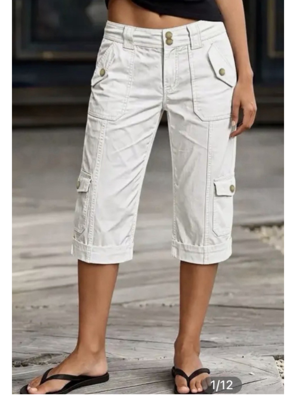 Flamingals Stitch Detail Flap Pocket Mid Waist Straight Leg Capri Cargo Pants M